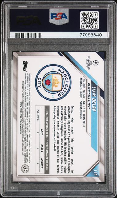 LIAM DELAP 2021-22 TOPPS CHROME UCL SAPPHIRE REFRACTOR RC #114 PSA 10 GEM MINT