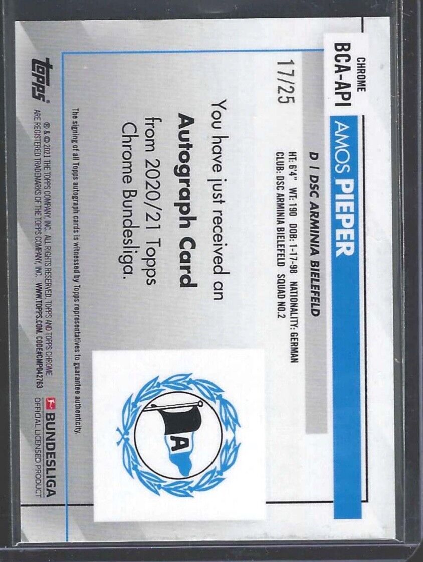 AMOS PIEPER 2020-21 TOPPS CHROME BUNDESLIGA ORANGE REFRACTOR AUTO #D 17/25