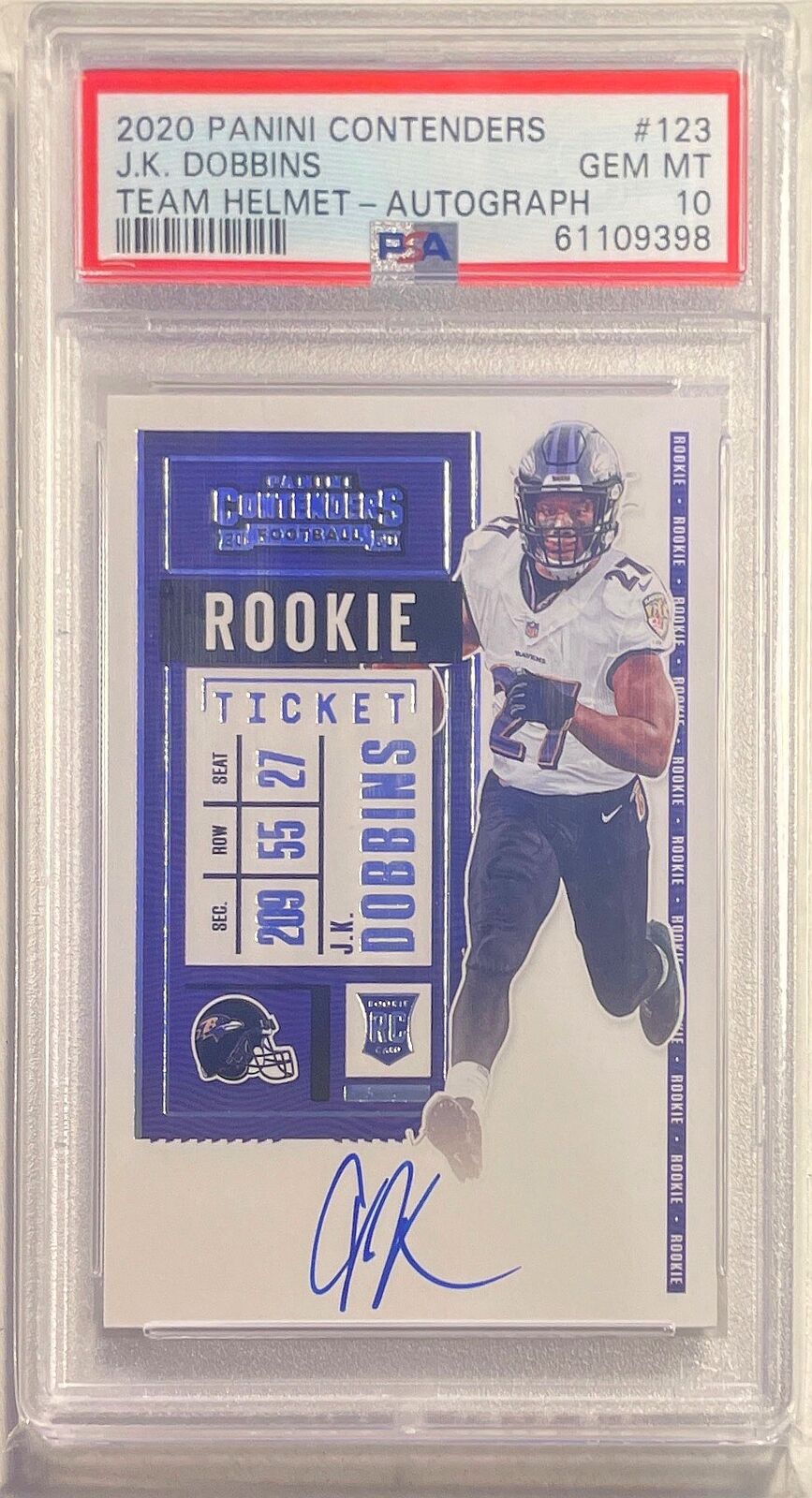 J.K. DOBBINS 2020 CONTENDERS TEAM HELMET ROOKIE TICKET AUTO RC 123 PSA 10 POP 12