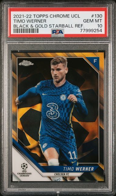 TIMO WERNER 2021-22 CHROME UCL BLACK & GOLD STARBALL REFRACTOR #D 27/30 PSA 10