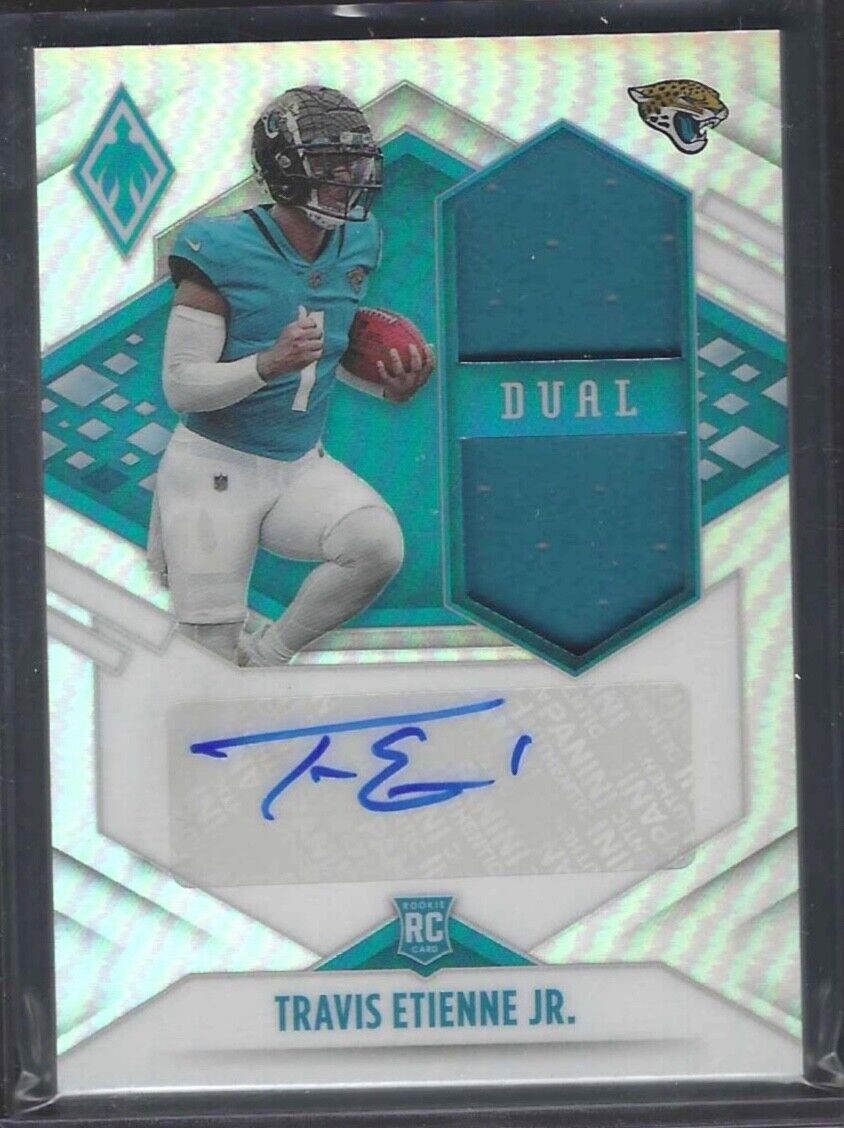 TRAVIS ETIENNE JR 2021 PANINI PHOENIX SILVER PRIZM DUAL PATCH AUTO RC #D 90/99