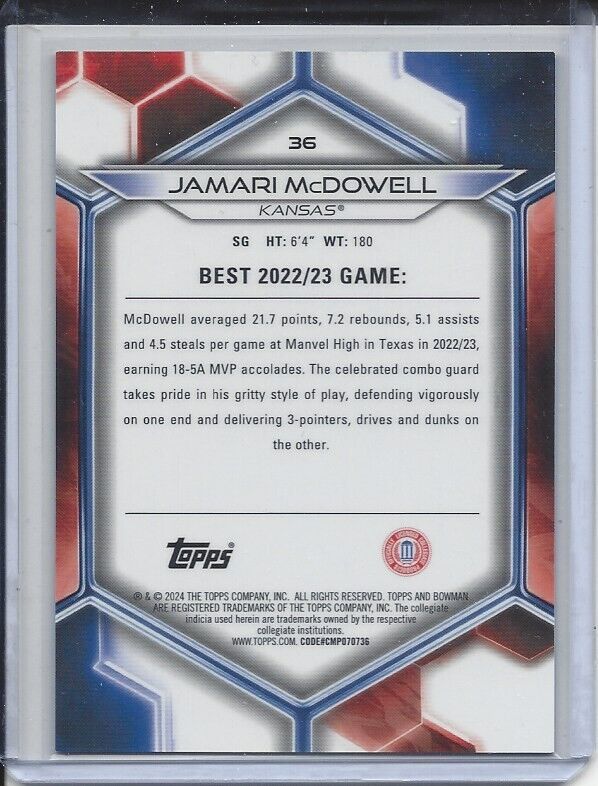 JAMARI MCDOWELL 2023 BOWMANS BEST TEAL GEOMETRIC REFRACTOR KANSAS #D 12/15
