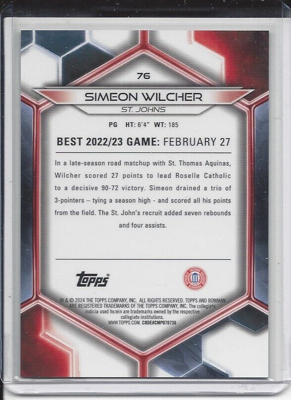 SIMEON WILCHER 2023 BOWMANS BEST GOLD GEOMETRIC ST JOHNS REFRACTOR #D 4/50