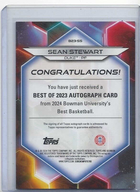 SEAN STEWART 2023 BOWMANS BEST UNIVERSITY DUKE REFRACTOR AUTO #D 115/125