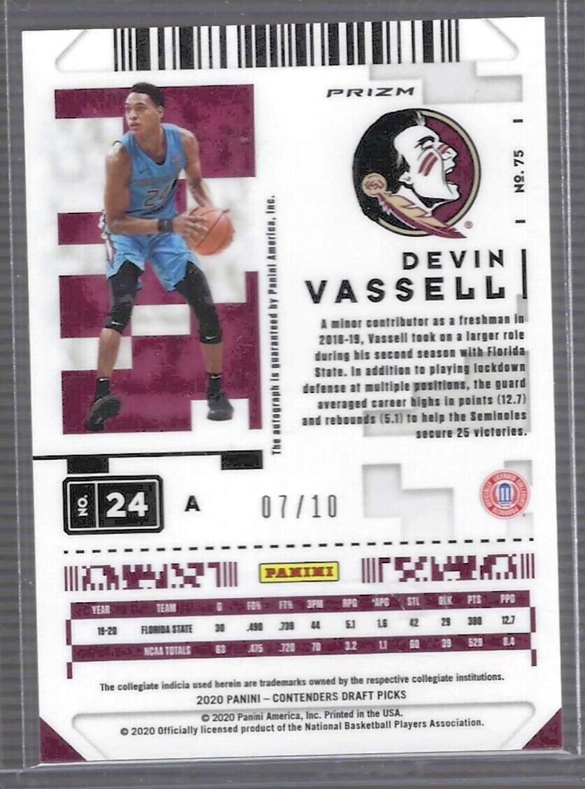 DEVIN VASSELL 2019-20 PANINI CONTENDERS DP GOLD PRIZM ON CARD AUTO RC #D 07/10