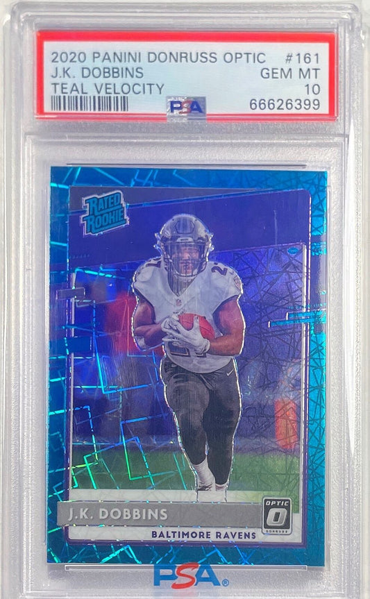 J.K. DOBBINS 2020 DONRUSS OPTIC TEAL VELOCITY HOLO RC #161 PSA 10 GEM POP 4