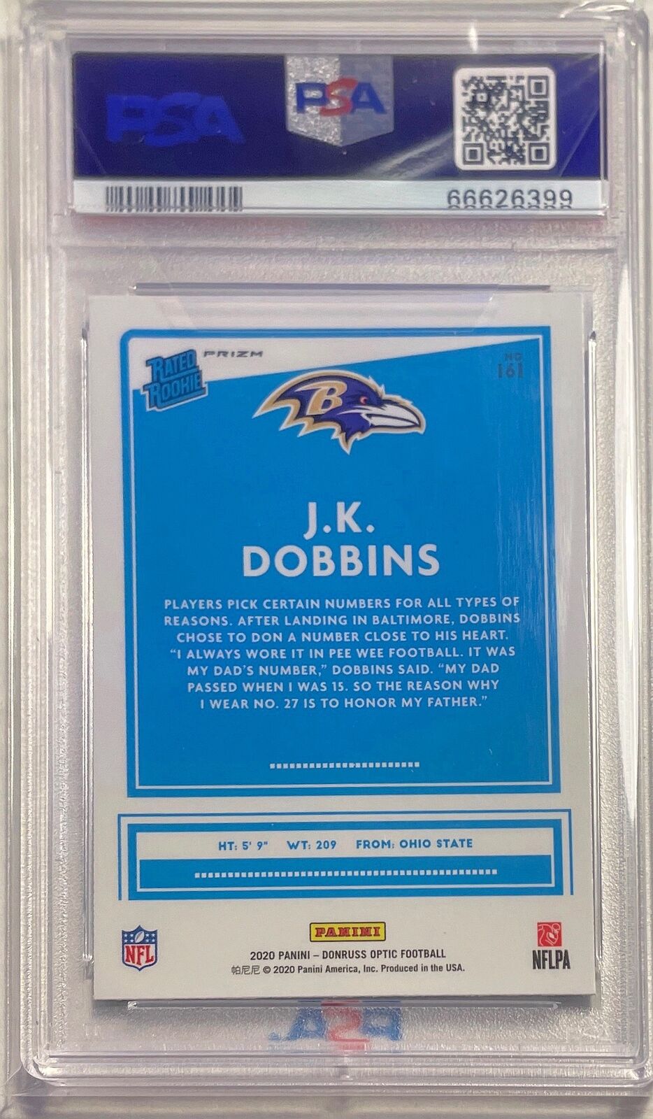 J.K. DOBBINS 2020 DONRUSS OPTIC TEAL VELOCITY HOLO RC #161 PSA 10 GEM POP 4