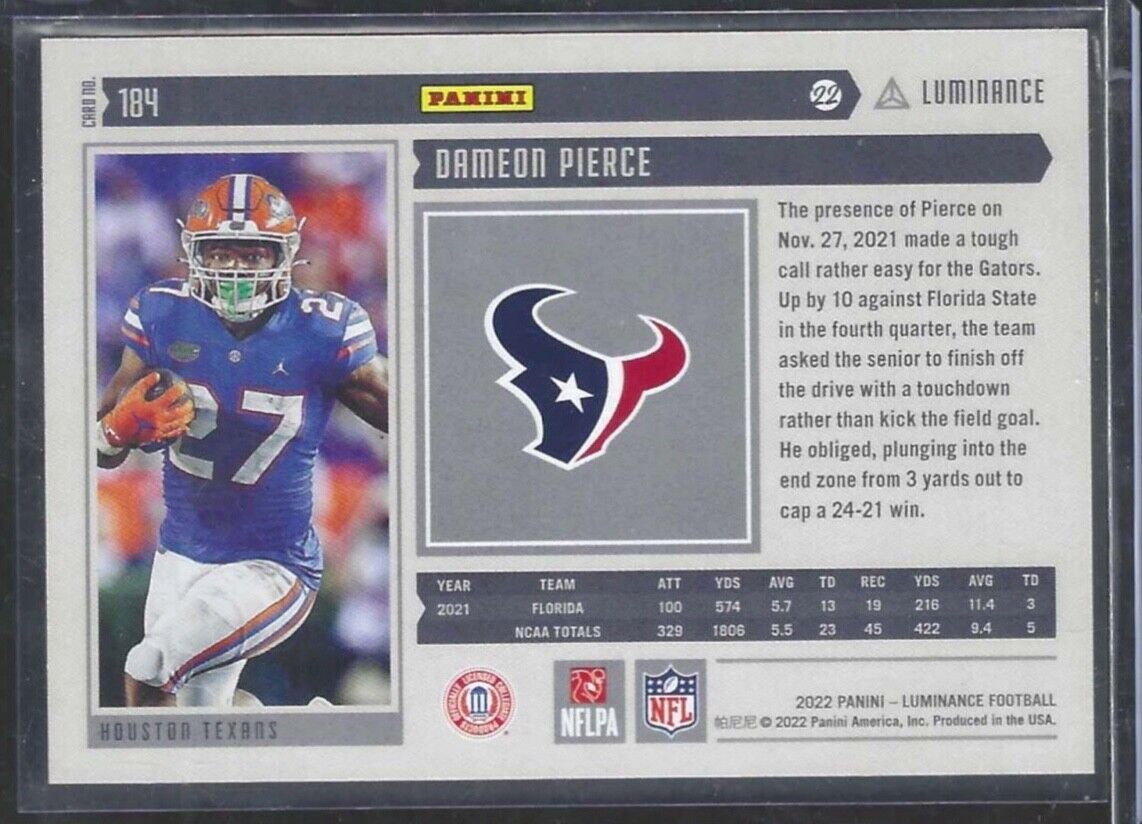 DAMEON PIERCE 2022 PANINI LUMINANCE RED FOIL ROOKIE RC #D 02/25