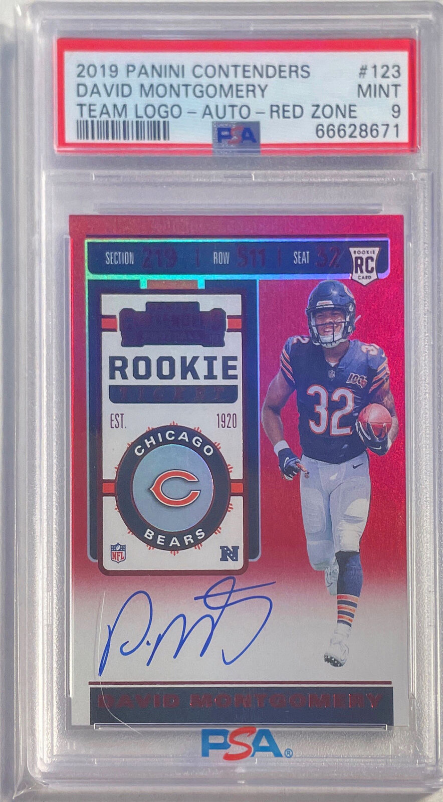 DAVID MONTGOMERY 2019 CONTENDERS TEAM LOGO RED ZONE AUTO RC SP #123 PSA 9 POP 3