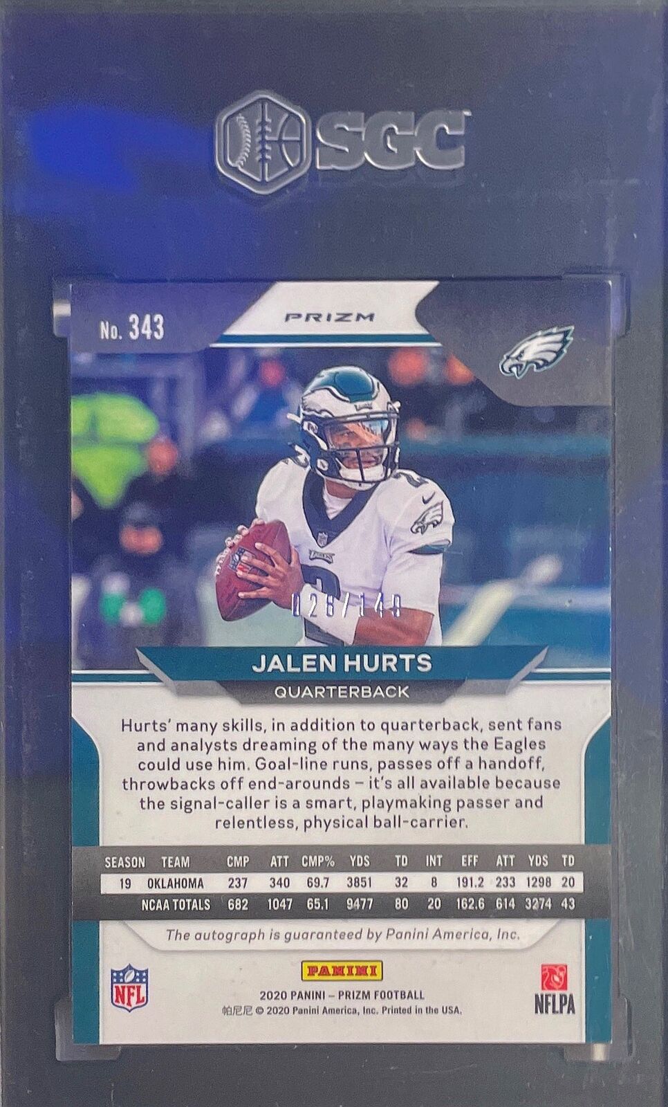 JALEN HURTS 2020 PANINI PRIZM RED WAVE AUTO RC #D 28/149 SGC 8.5 W/ 10 AU POP 3
