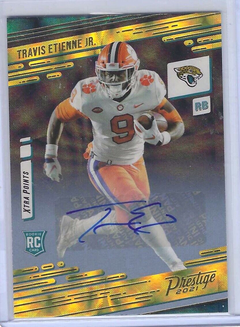 TRAVIS ETIENNE JR 2021 PANINI PRESTIGE YELLOW XTRA POINTS ROOKIE AUTO RC #208