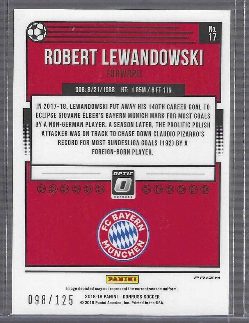 ROBERT LEWANDOWSKI 2018-19 PANINI DONRUSS OPTIC PURPLE VELOCITY PRIZM #D 098/125