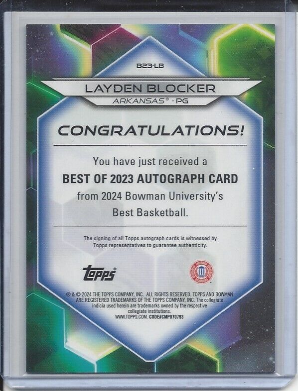LAYDEN BLOCKER 2023 BOWMAN'S BEST UNIVERSITY ORANGE GEOMETRIC REFRACTOR AUTO /25