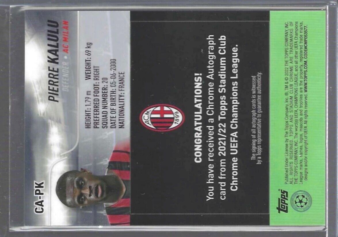 PIERRE KALULU 2021-22 TOPPS STADIUM CLUB CHROME SILVER REFRACTOR AUTO RC #CA-PK