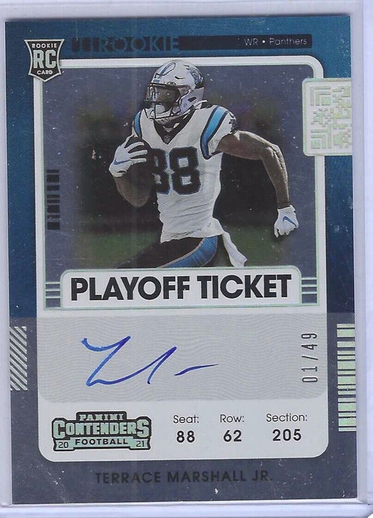 TERRACE MARSHALL JR 2021 PANINI CONTENDERS PLAYOFF TICKET ROOKIE AUTO RC #D 1/49