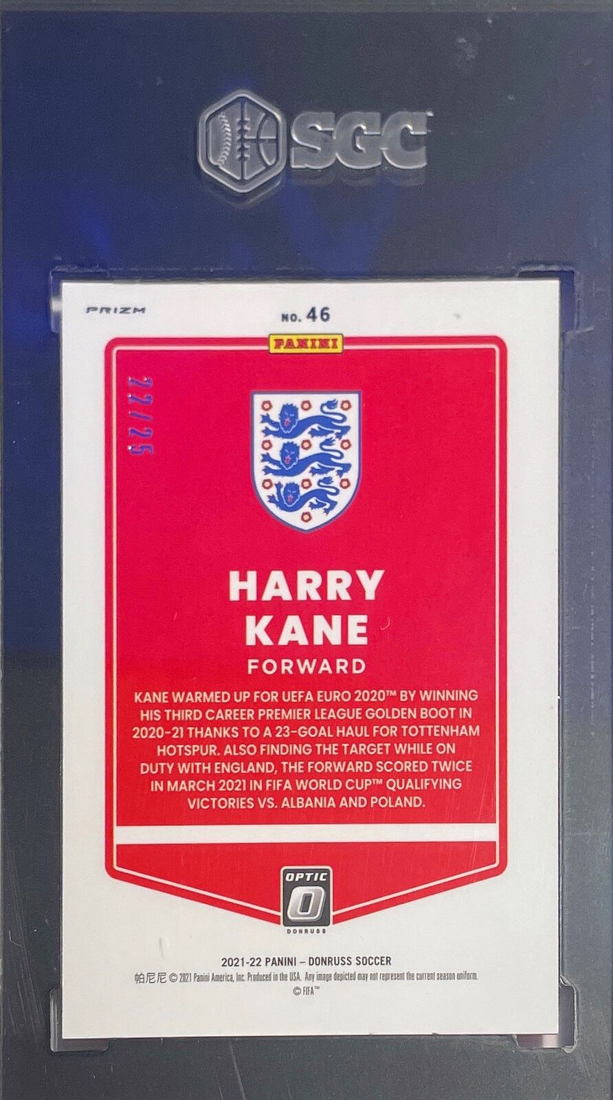 HARRY KANE 2021-22 DONRUSS OPTIC ROAD QATAR PINK VELOCITY #D 22/25 SGC 9 POP 1/1