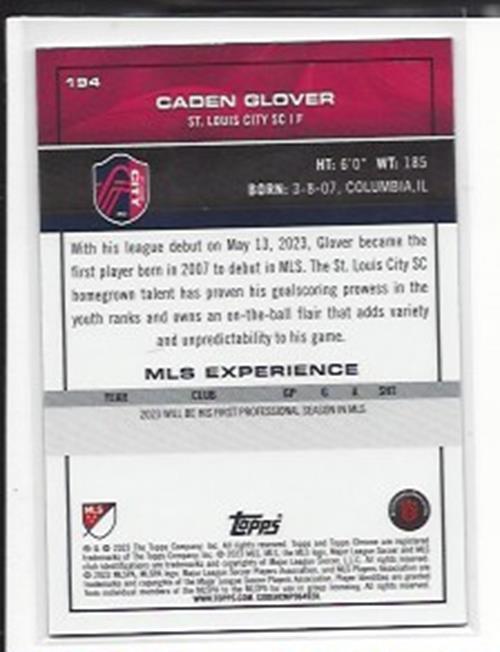 CADEN GLOVER 2023 TOPPS CHROME MLS BLUE MINI DIAMOND REFRACTOR RC #D 150/199