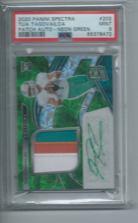 TUA TAGOVAILOA 2020 PANINI SPECTRA NEON GREEN PATCH AUTO RC #D 25/50 PSA 9 POP 3