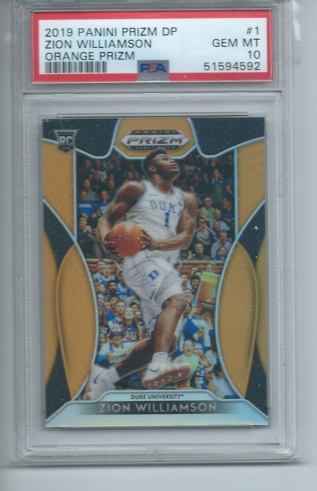 ZION WILLIAMSON 2019-20 PANINI PRIZM DRAFT PICKS ORANGE PRIZM RC #D /149 PSA 10