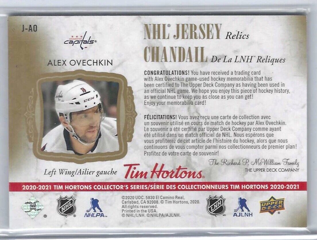 ALEX OVECHKIN 2020-21 UPPER DECK TIM HORTON'S SSP NHL GAME USED JERSEY PATCH