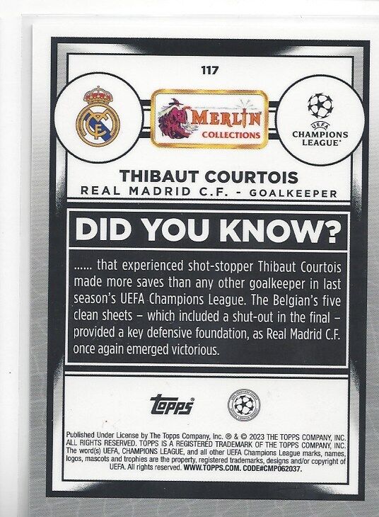 THIBAUT COURTOIS 2022-23 TOPPS MERLIN CHROME SPECKLE REFRACTOR #D 48/150