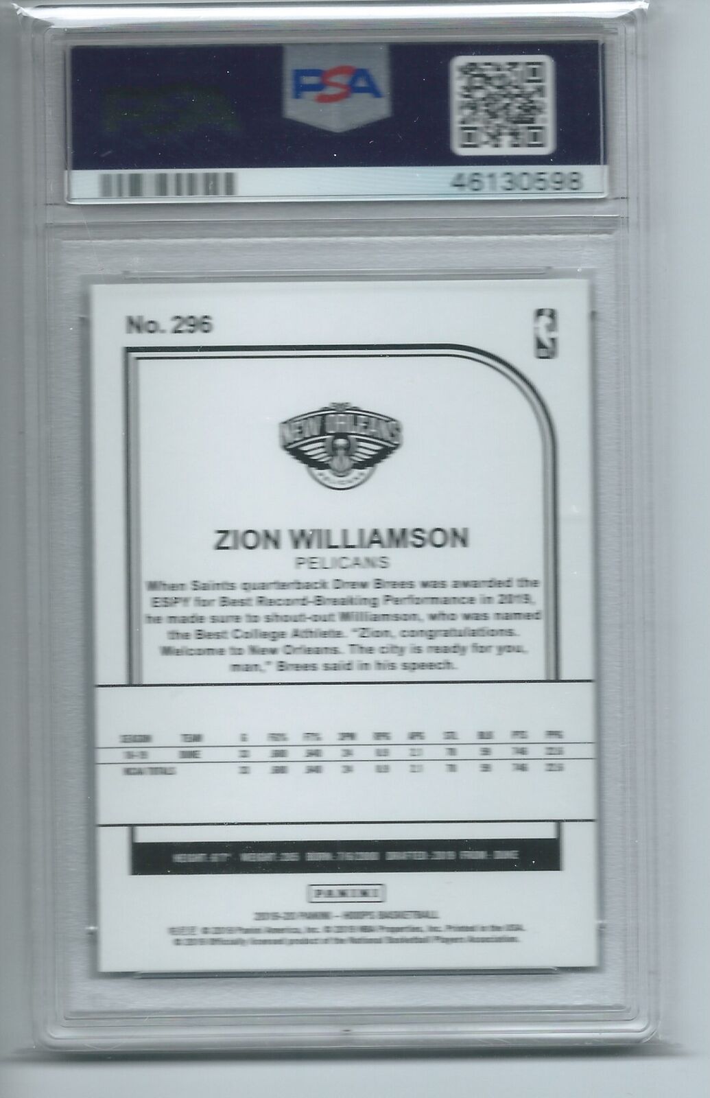 ZION WILLIAMSON 2019-20 PANINI NBA HOOPS TEAL EXPLOSION RC #296 PSA 10 GEM MINT