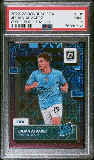 JULIAN ALVAREZ 2022-23 DONRUSS FIFA OPTIC PURPLE MOJO PRIZM ROOKIE RC /25 PSA 9