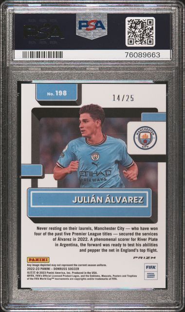 JULIAN ALVAREZ 2022-23 DONRUSS FIFA OPTIC PURPLE MOJO PRIZM ROOKIE RC /25 PSA 9