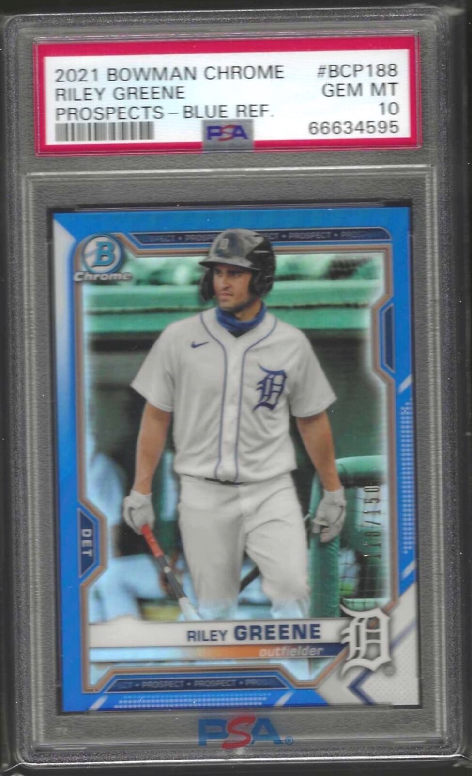 RILEY GREENE 2021 BOWMAN CHROME BLUE REFRACTOR PROSPECT /150 PSA 10 GEM POP 1/1