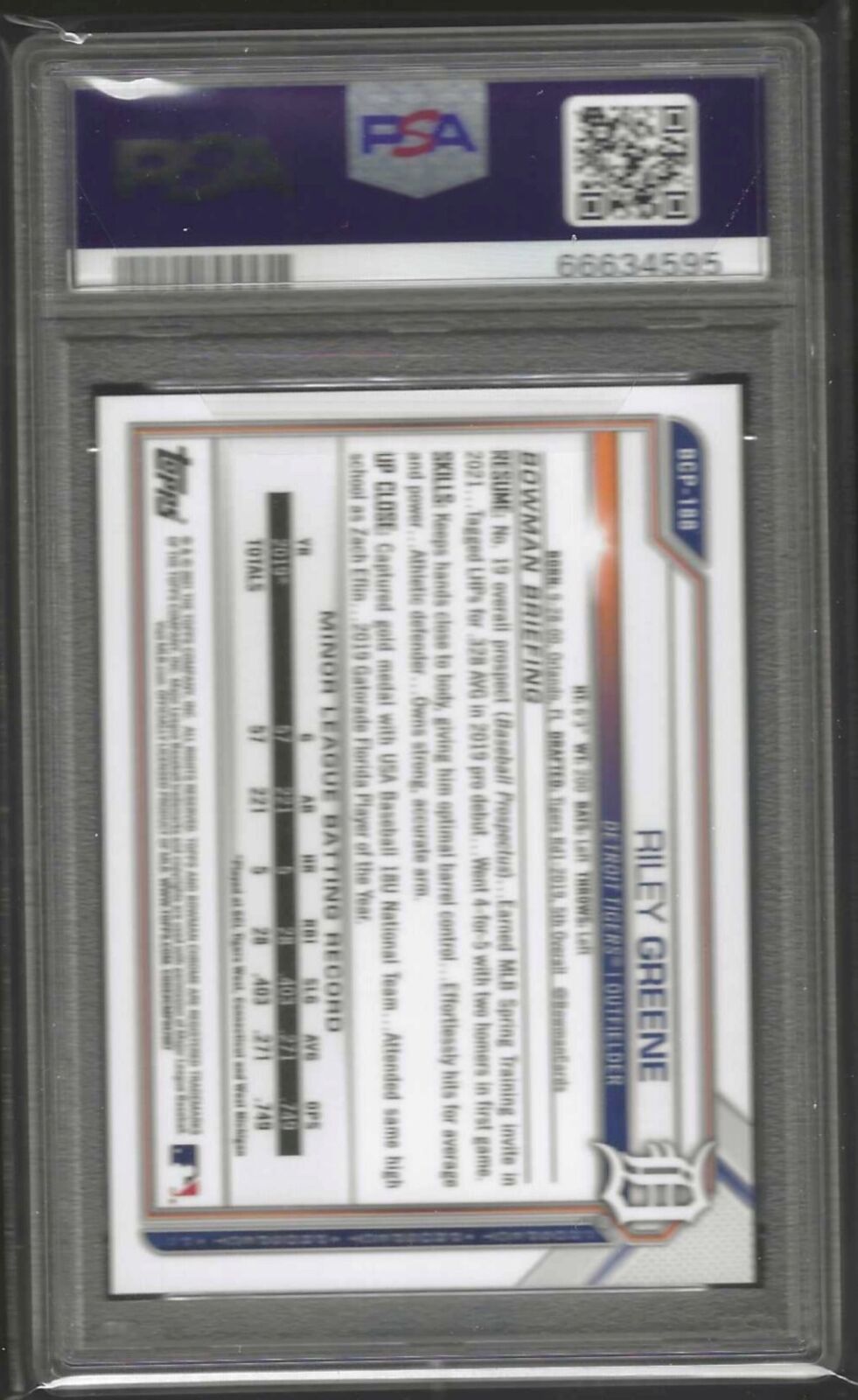 RILEY GREENE 2021 BOWMAN CHROME BLUE REFRACTOR PROSPECT /150 PSA 10 GEM POP 1/1
