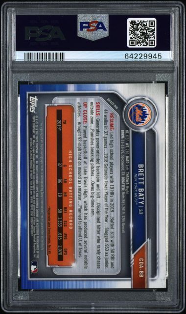 BRETT BATY 2019 BOWMAN CHROME DRAFT PICKS ON CARD AUTO 1ST #CDABB PSA 9 MINT