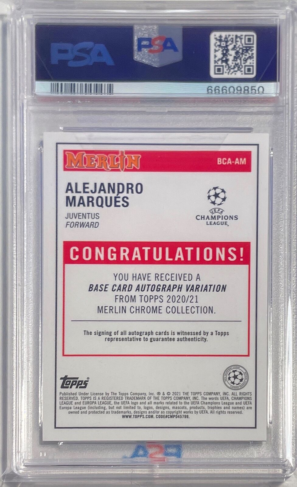 ALEJANDRO MARQUES 2020-21 TOPPS MERLIN CHROME UCL AUTO RC PSA 10 GEM POP 1/1