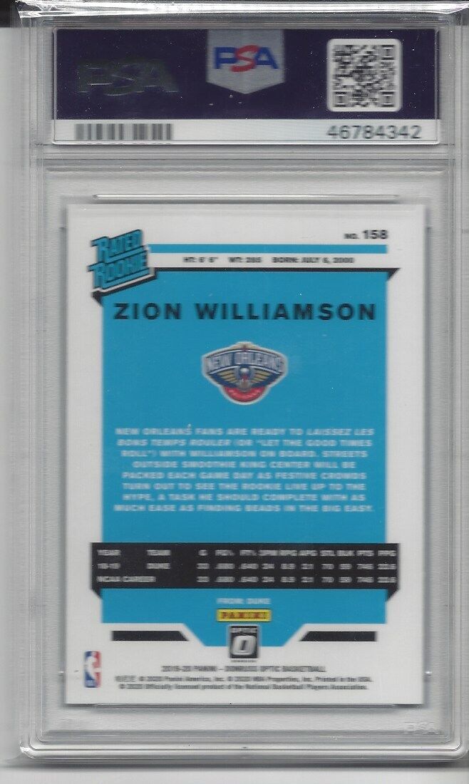 ZION WILLIAMSON 2019-20 PANINI DONRUSS OPTIC RATED ROOKIE RC #158 PSA 10 GEM