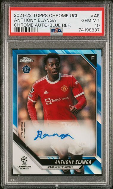 ANTHONY ELANGA 2021-22 TOPPS CHROME UCL BLUE REFRACTOR AUTO RC /150 PSA 10 GEM