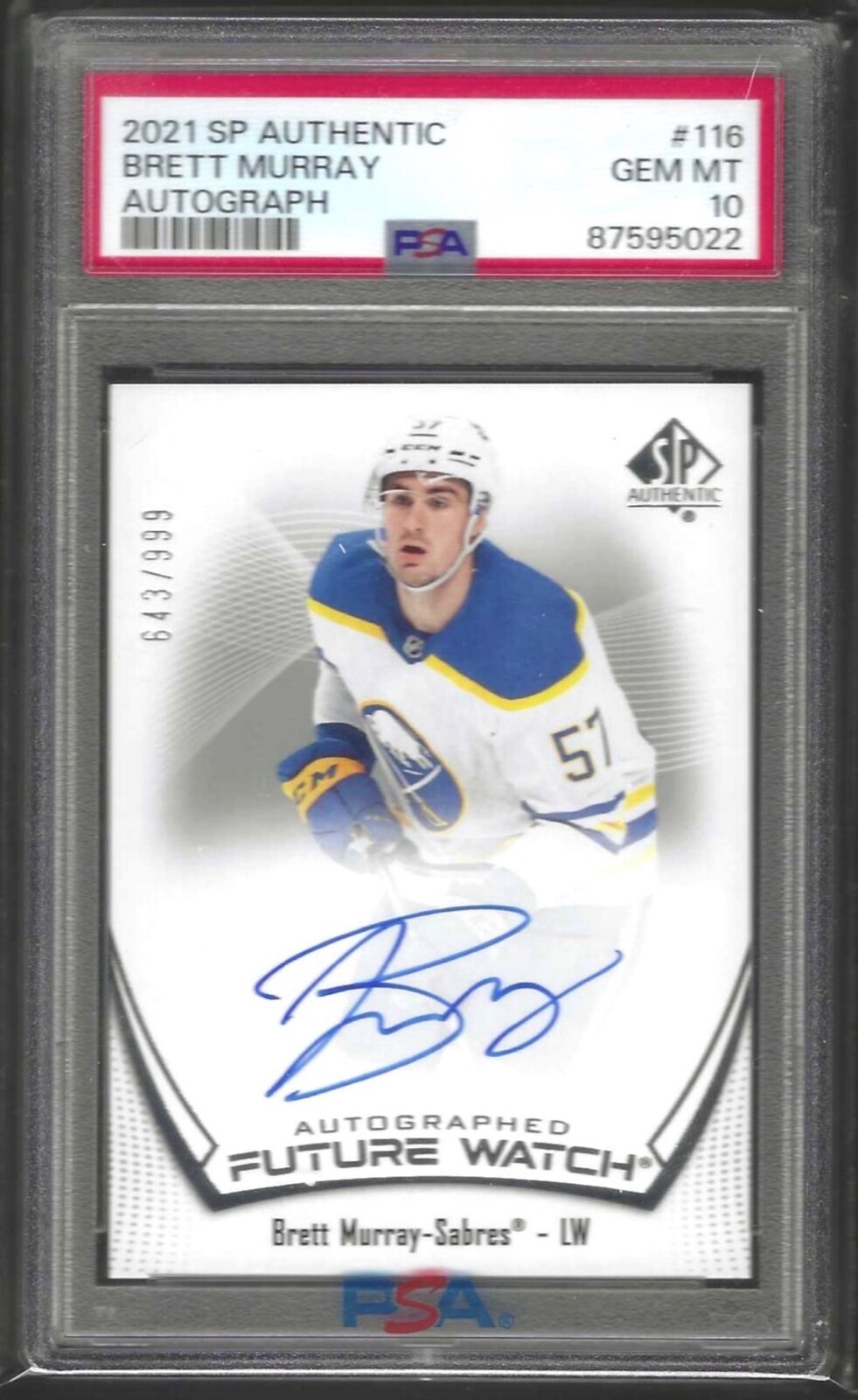 BRETT MURRAY 2021 SP AUTHENTIC FUTURE WATCH AUTO RC /999 PSA 10 GEM MINT POP 2