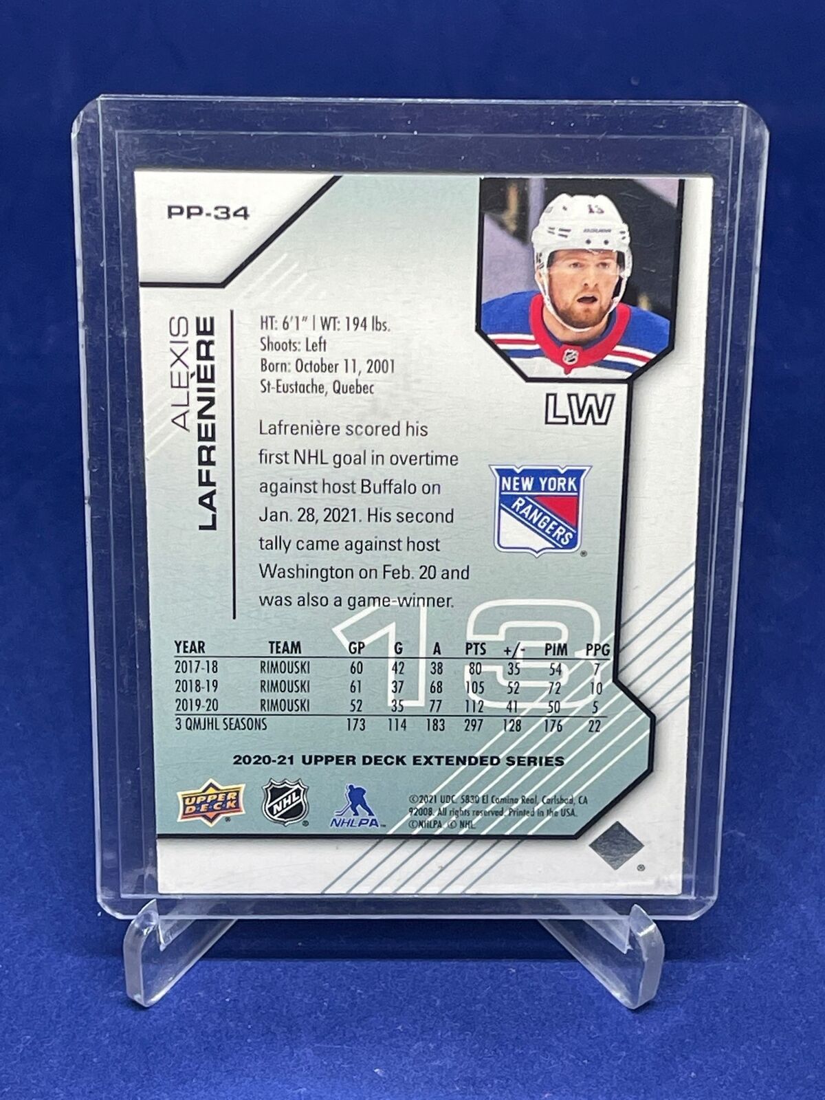 ALEXIS LAFRENIERE 2020-21 UPPER DECK EXTENDED SERIES PROS PROSPECTS RC #D /1000