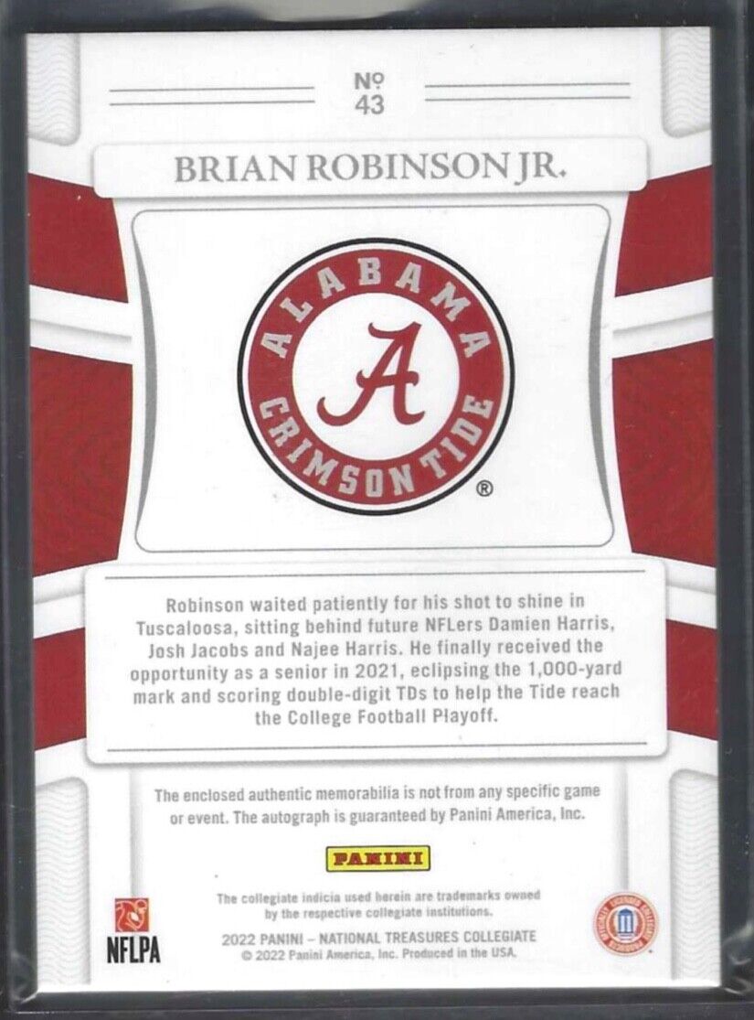 BRIAN ROBINSON JR 2022 PANINI NATIONAL TREASURES ROOKIE PATCH AUTO RC #D 89/99