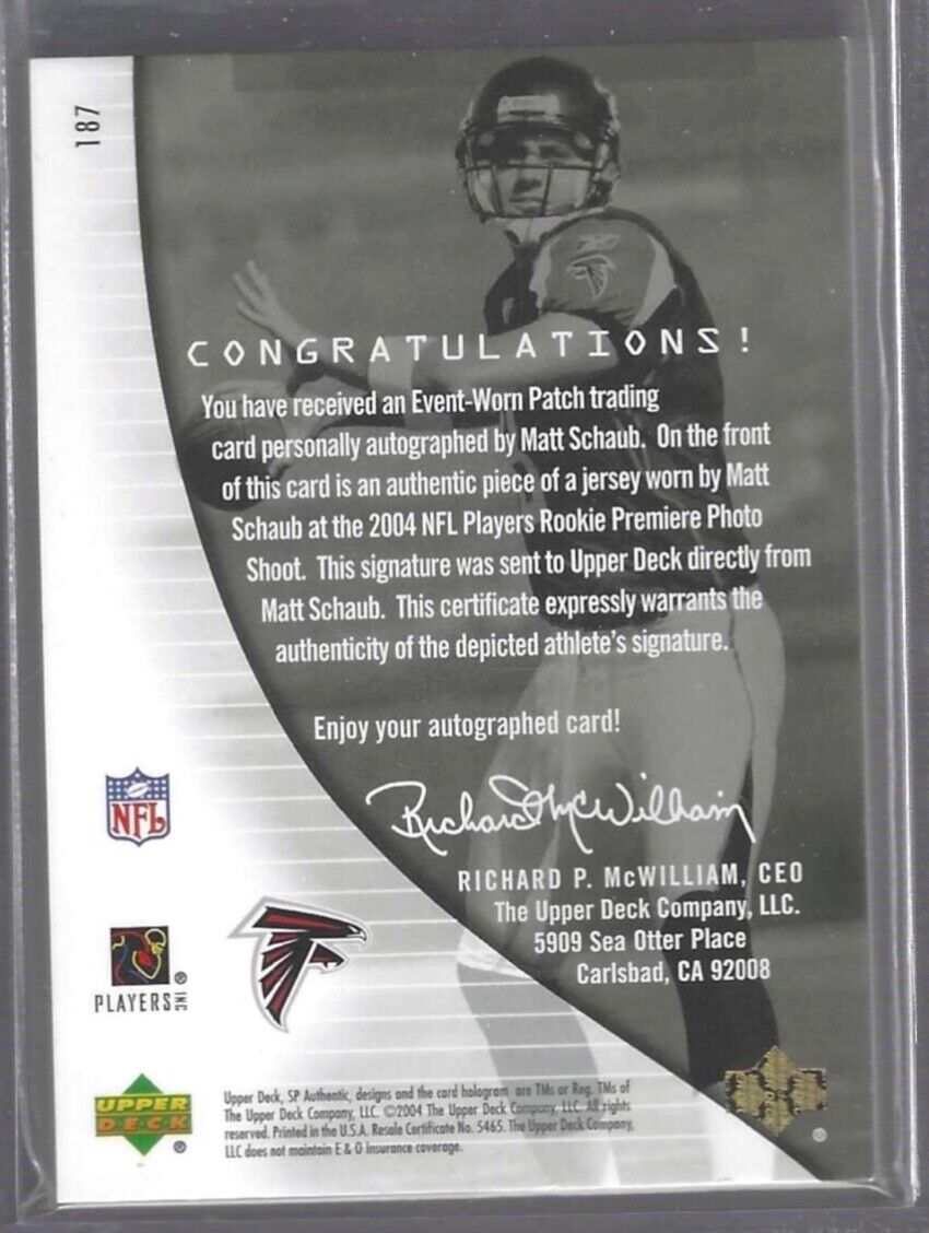 MATT SCHAUB 2004 UPPER DECK SP AUTHENTIC RPA ROOKIE PATCH AUTO RC #D 380/799
