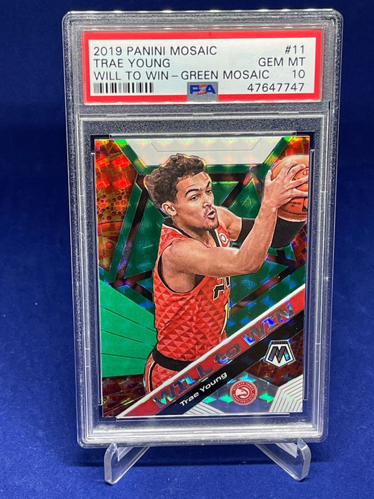 TRAE YOUNG 2019-20 PANINI MOSAIC WILL TO WIN GREEN MOSAIC PRIZM #11 PSA 10