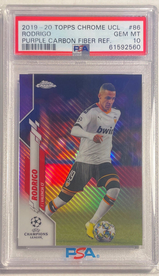 RODRIGO 2019-20 TOPPS CHROME UCL PURPLE CARBON FIBER REFRACTOR #86 PSA 10 POP 3