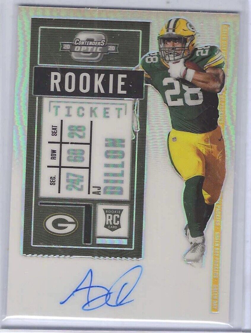 AJ DILLON 2020 PANINI OPTIC CONTENDERS SILVER PRIZM ROOKIE TICKET AUTO RC #126