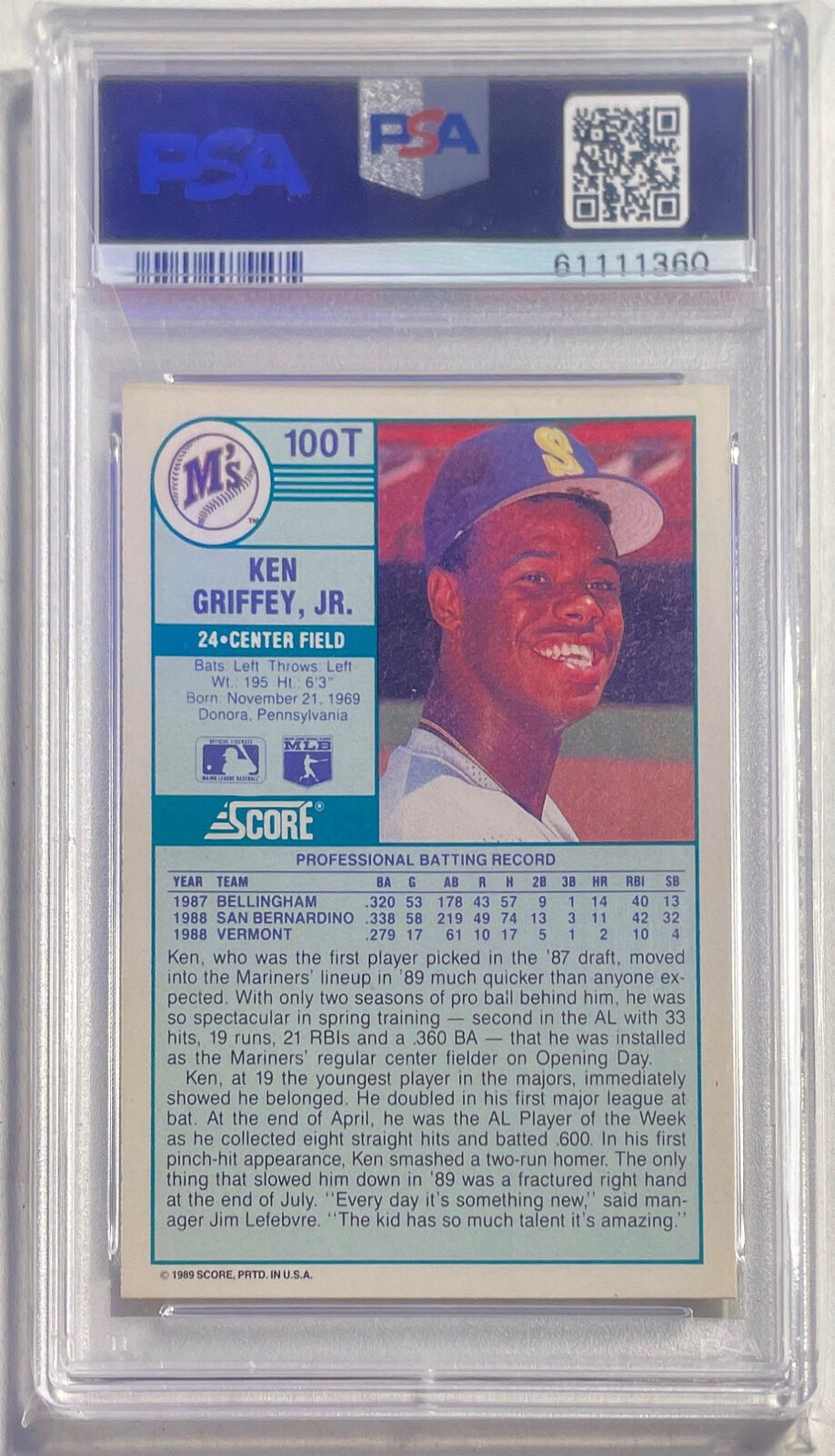 KEN GRIFFEY JR. 1989 SCORE TRADED ROOKIE RC #100T PSA 9 MINT