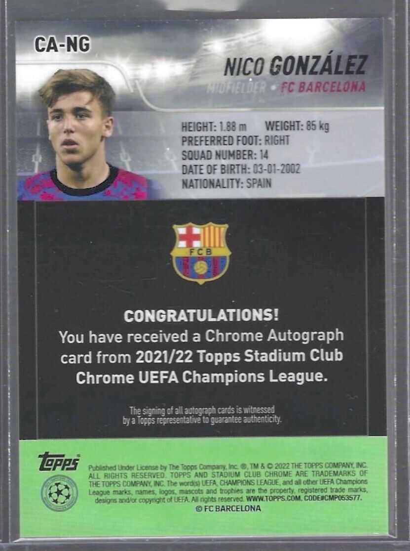 NICO GONZALEZ 2021-22 TOPPS STADIUM CLUB CHROME SILVER REFRACTOR AUTO RC #CA-NG