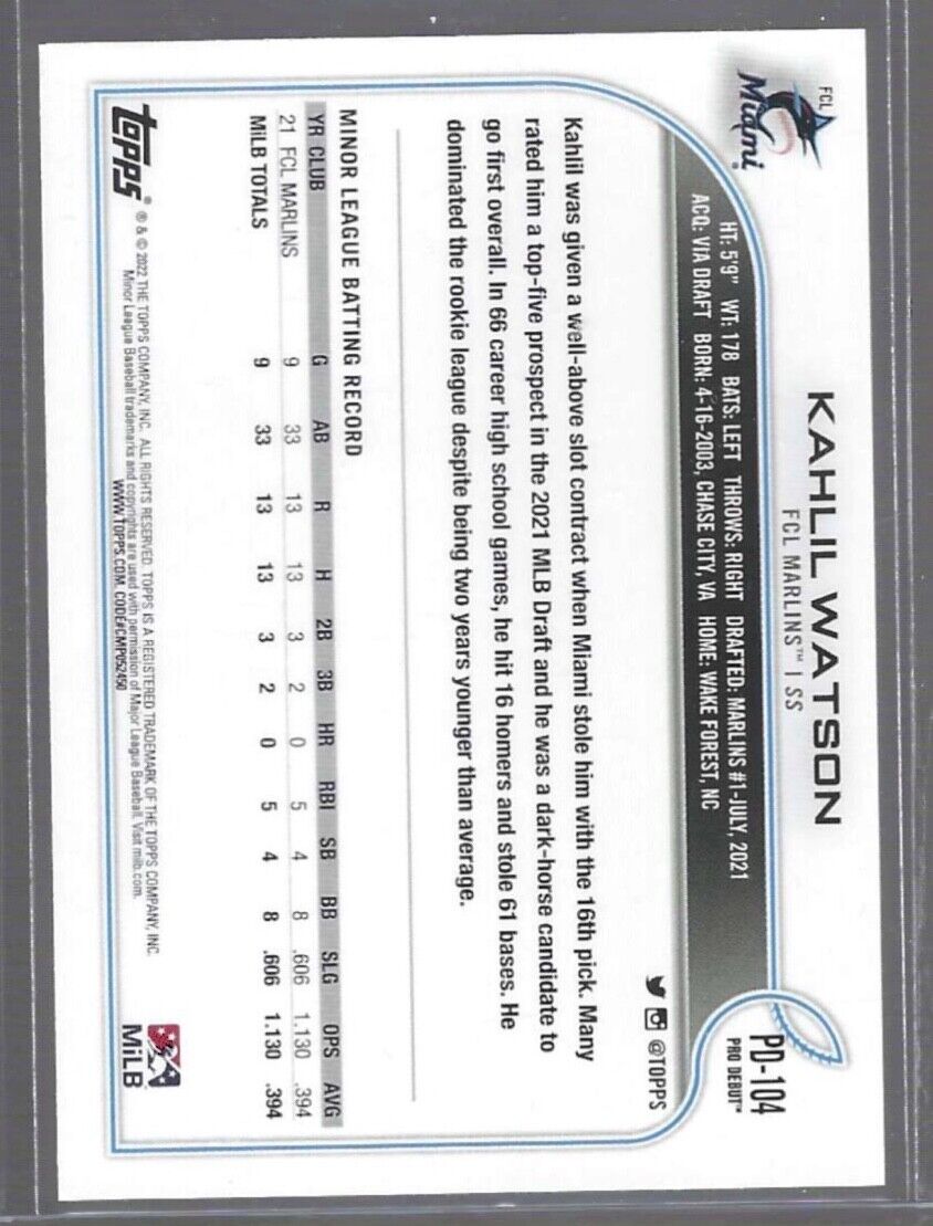 KAHLIL WATSON 2022 TOPPS PRO DEBUT SSP VARIATION PROSPECT #PD-104