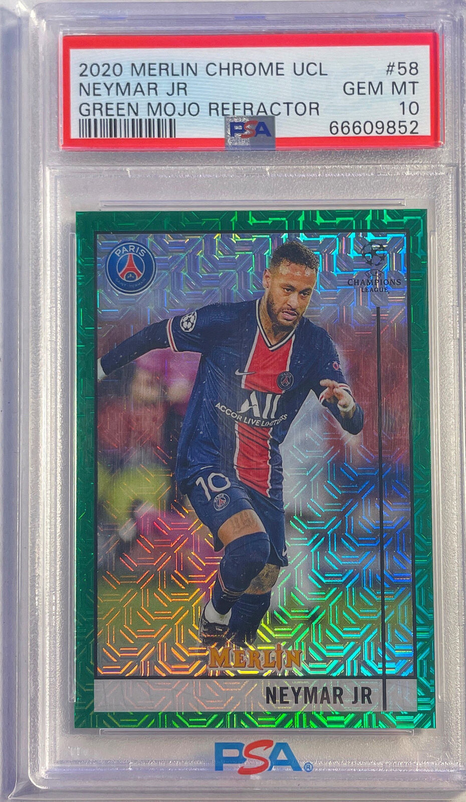 NEYMAR JR. 2020-21 TOPPS MERLIN CHROME GREEN MOJO REFRACTOR #D /99 PSA 10 POP 2