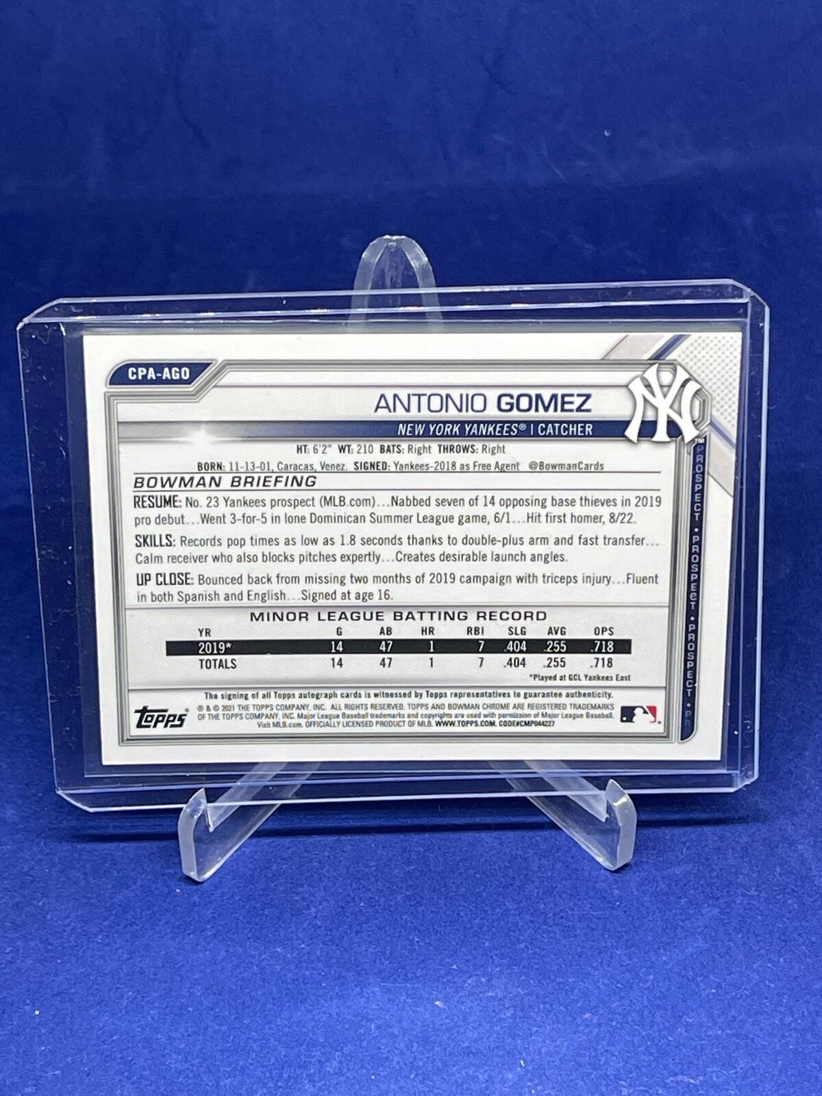 ANTONIO GOMEZ 2021 BOWMAN CHROME 1ST ON CARD AUTO PROSPECT