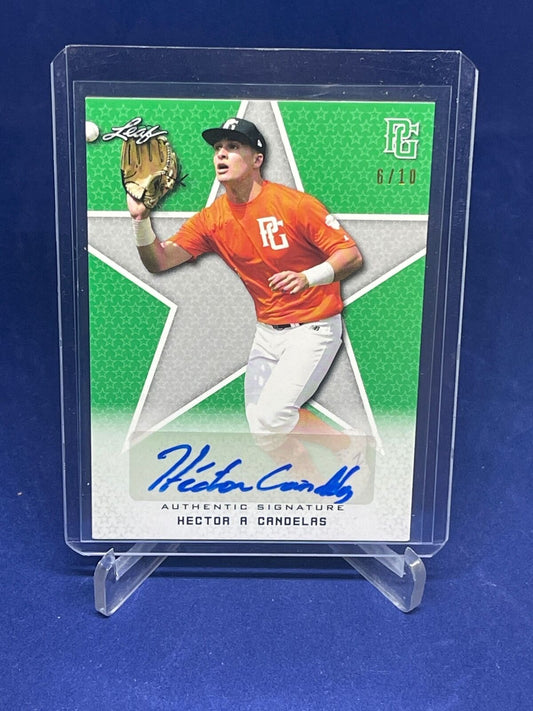 HECTOR CANDELAS 2020 LEAF PERFECT GAME NATIONAL SHOWCASE GREEN AUTOC #D 6/10