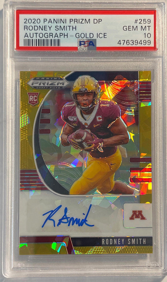 RODNEY SMITH 2020 PANINI PRIZM DRAFT GOLD ICE AUTO RC #D 5/7 PSA 10 GEM POP 1/1