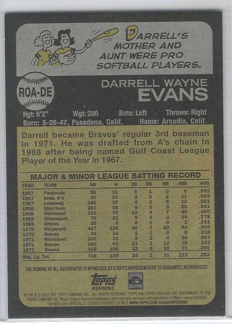 DARRELL EVANS 2022 TOPPS HERITAGE RED INK  REAL ONE AUTO #D 08/73