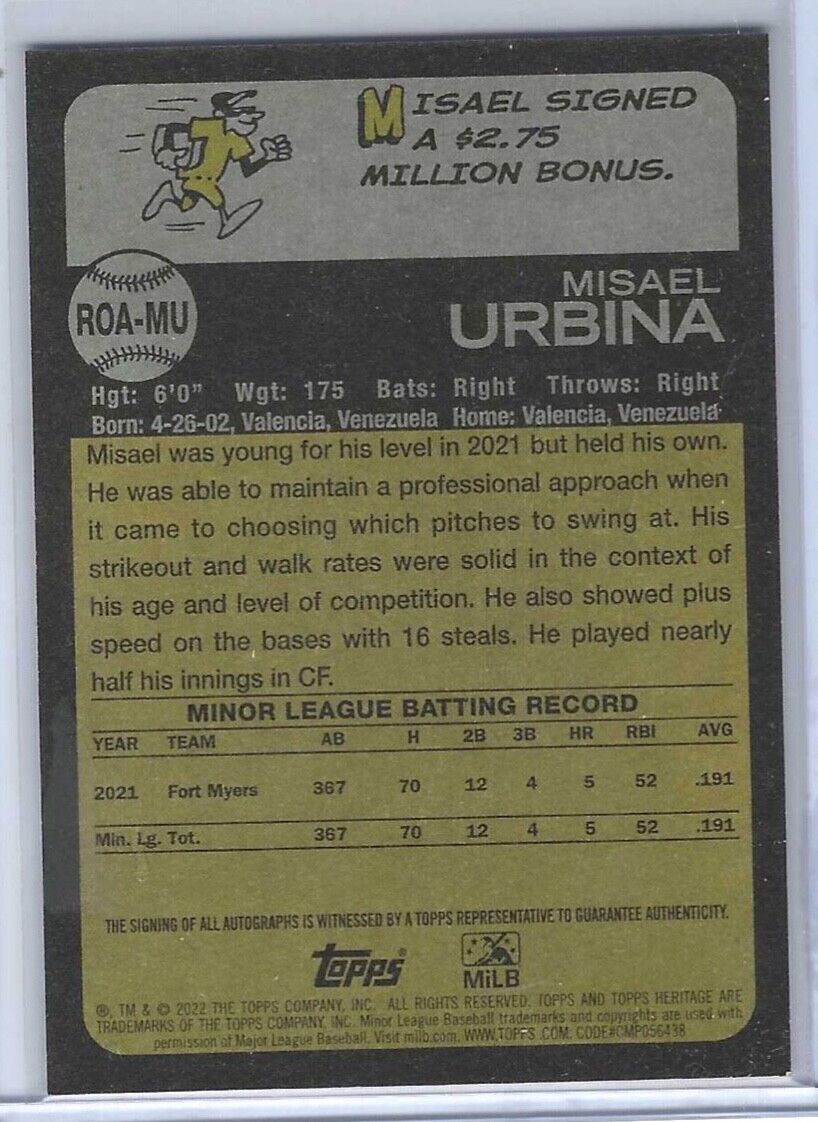 MISAEL URBINA 2022 TOPPS HERITAGE MINOR LEAGUE PROSPECT REAL ONE AUTO #ROA-MU